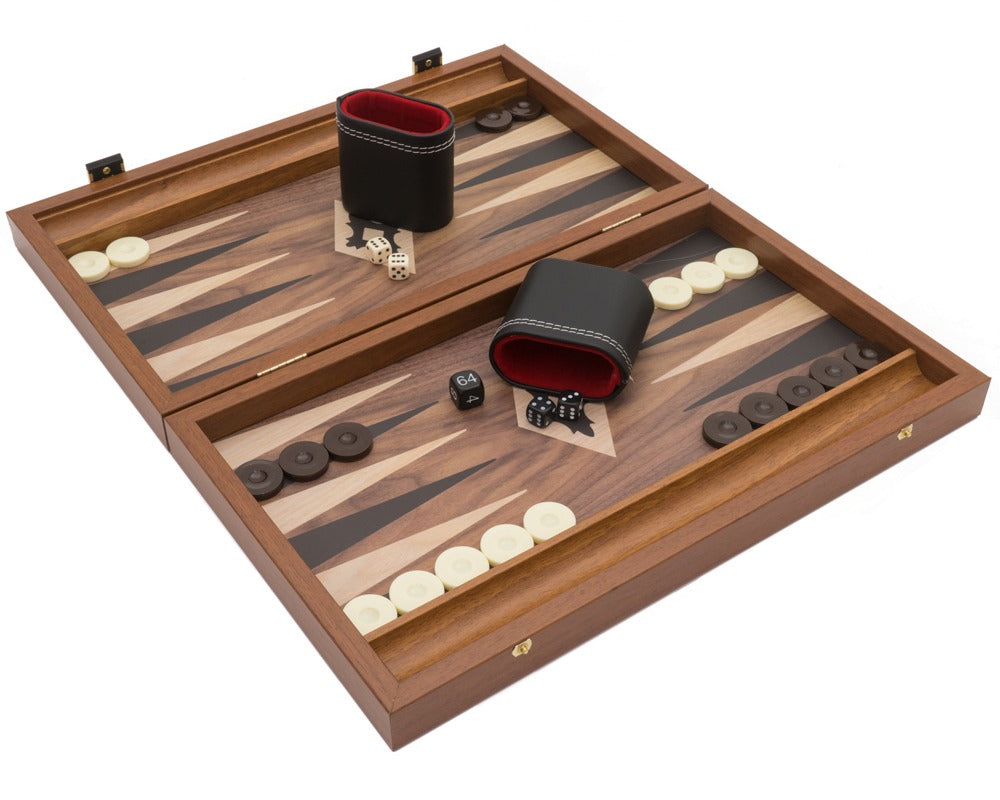 Manopoulos Club Kompakt Backgammon-set i valnöt, svart och ek med deluxe tärningsbägare i vinyl