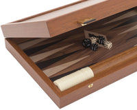 Manopoulos Club Kompakt Backgammon-set i valnöt, svart och ek med deluxe tärningsbägare i vinyl