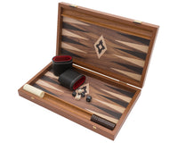 Manopoulos Club Kompakt Backgammon-set i valnöt, svart och ek med deluxe tärningsbägare i vinyl