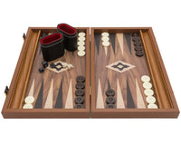 Manopoulos Club Kompakt Backgammon-set i valnöt, svart och ek med deluxe tärningsbägare i vinyl