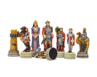 Hand painted Romans vs Arabs themed chess pieces by Italfama, featuring ornate knights, king, queen, and bishop on a white background.