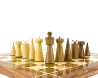 Art Deco Series Sheesham and Boxwood Chess Pieces 3.5 inches on a chessboard