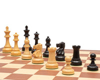 British Ebonised Chess Men 3.5 inch Staunton design, high-quality boxwood chess pieces on a chessboard, showcasing felted and weighted pieces