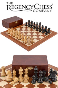 Down Head Black Championship Chess Set with boxwood and ebonised chess pieces on mahogany and maple European chess board.