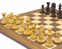 The Sheffield Knight Rosewood & Walnut Chess Set featuring solid rosewood chessmen on a deluxe walnut board with intricate carving.