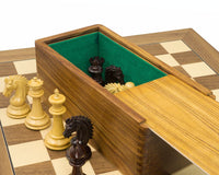 The Sheffield Knight Rosewood & Walnut Chess Set with detailed knights and storage box on Deluxe Walnut Chess Board